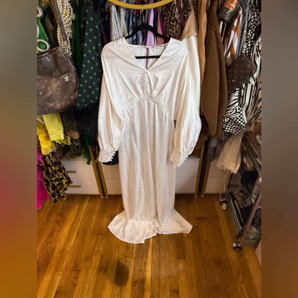 Flounce London White Maxi Dress with Subtle Animal Print – Size 10